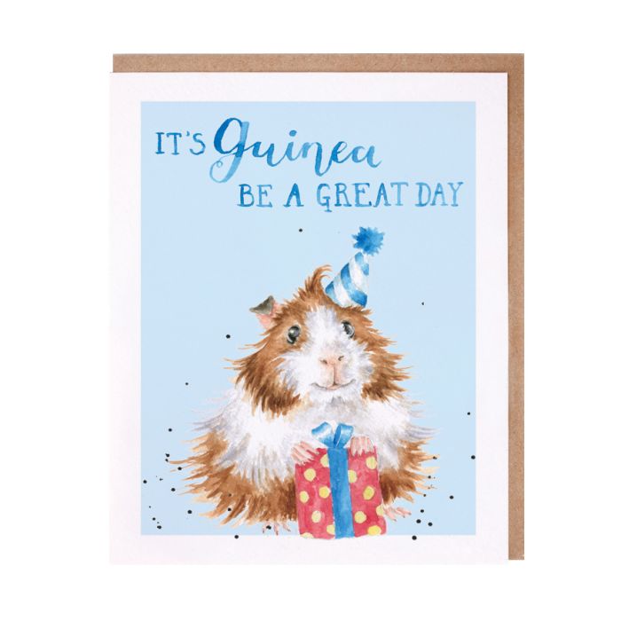Wrendale greeting card featuring cute guinea pig with party hat and gift