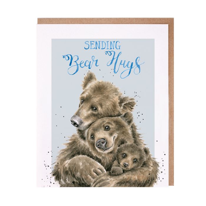 Wrendale Bear Hugs greeting card featuring three brown bears embracing with kraft envelope