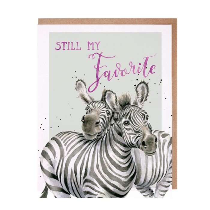 Wrendale greeting card featuring two zebras with purple text saying 'Still My Favorite'