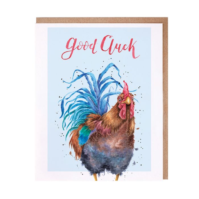 Wrendale Good Cluck greeting card featuring watercolor rooster with blue tail feathers