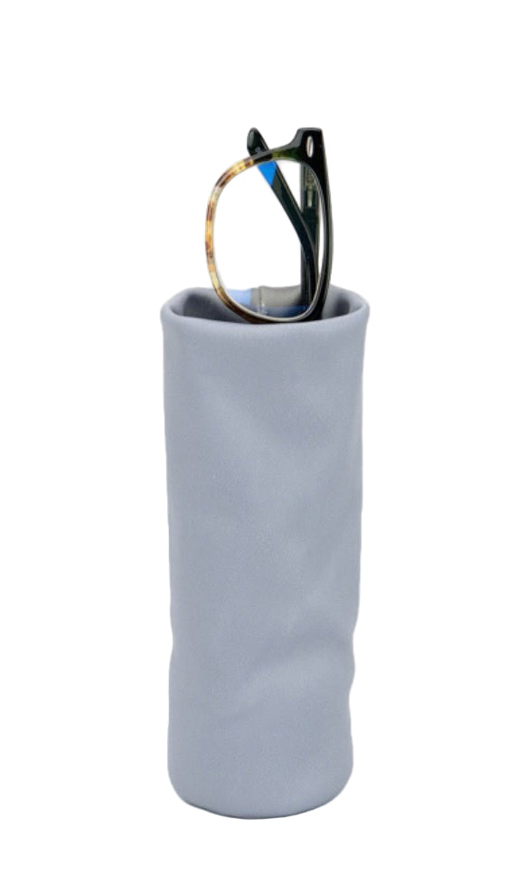 Light blue cylindrical microfiber pod stand holding eyeglasses on white background