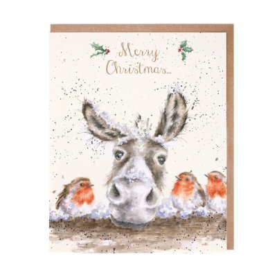 Wrendale Christmas card featuring watercolor donkey with robins and Merry Christmas text