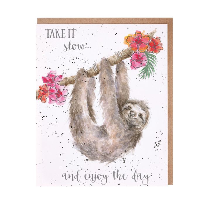 Wrendale watercolor sloth greeting card with tropical flowers and 'Take it slow' text
