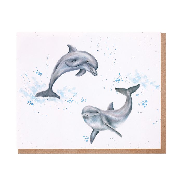 Wrendale Dolphin Fabulous Day Card featuring watercolor dolphins with blue splashes on white background
