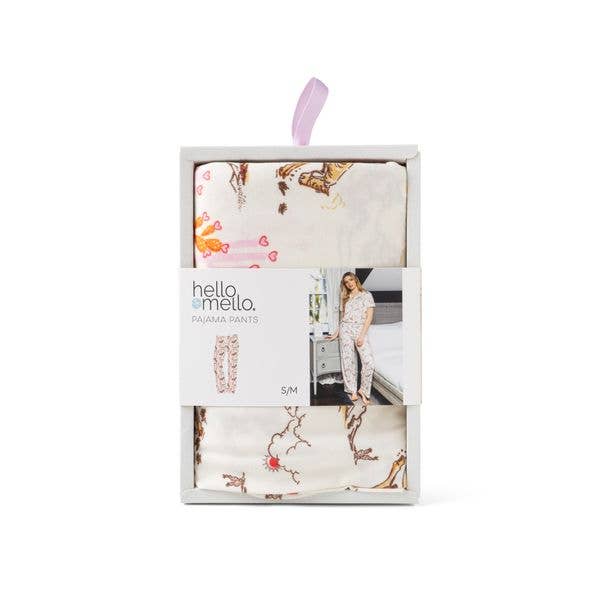 Hello Mello pajama pants in cream with pink floral pattern, shown in gift box packaging