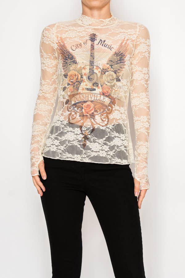Cream lace sheer long sleeve top with vintage music guitar graphic design