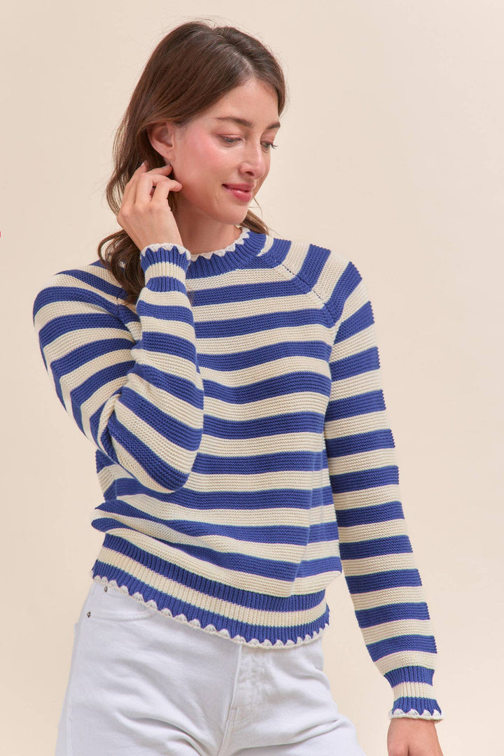 Striped Puff Sleeve Sweater w/ Contrast Stitch