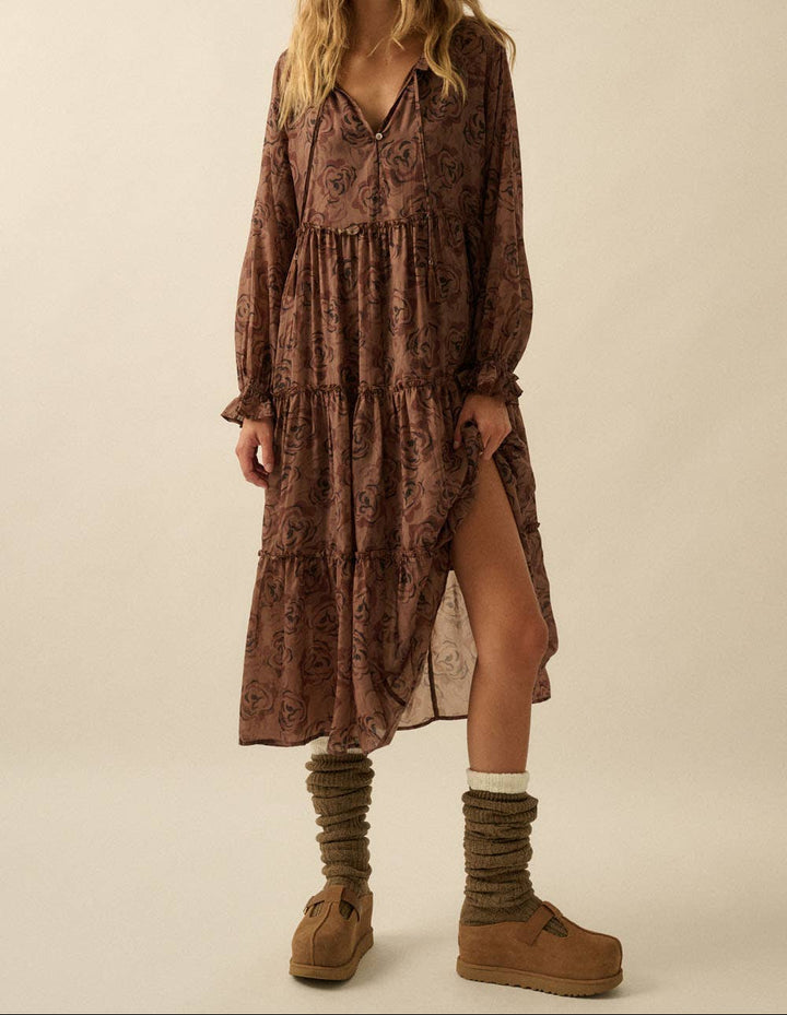 Floral Tiered Ruffle Bubble-Sleeve Midi Dress