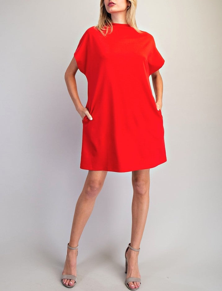 red mock neck mini dress Klesis / Mock Neck Long Sleeve Fit-and-Flare Mini Dress in Red / Small