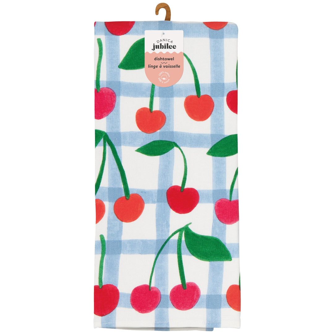 Danica Jubilee dish towel with red cherries on blue gingham background
