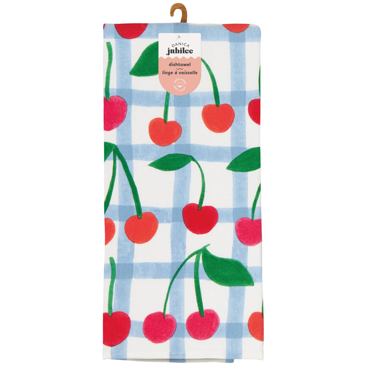 Danica Jubilee dish towel with red cherries on blue gingham background
