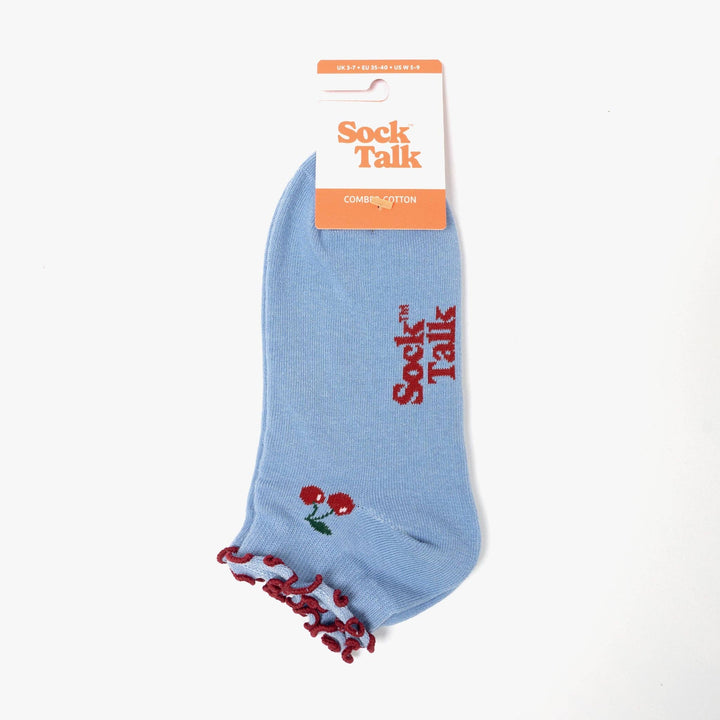 Cherry Frilled Cuff Combed Cotton Trainer Socks in Blue