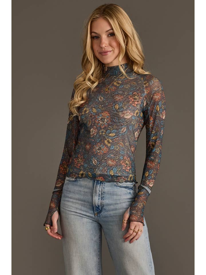 Gray Orange &amp; Blue Floral Mesh Top