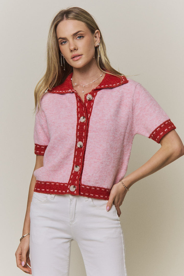 Collared Short-Sleeve Knit Cardigan Top