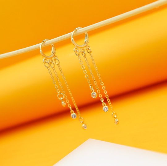 18K Gold Filled CZ Dangle Rolo Link Chain Earrings