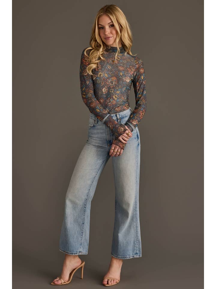 Gray Orange &amp; Blue Floral Mesh Top