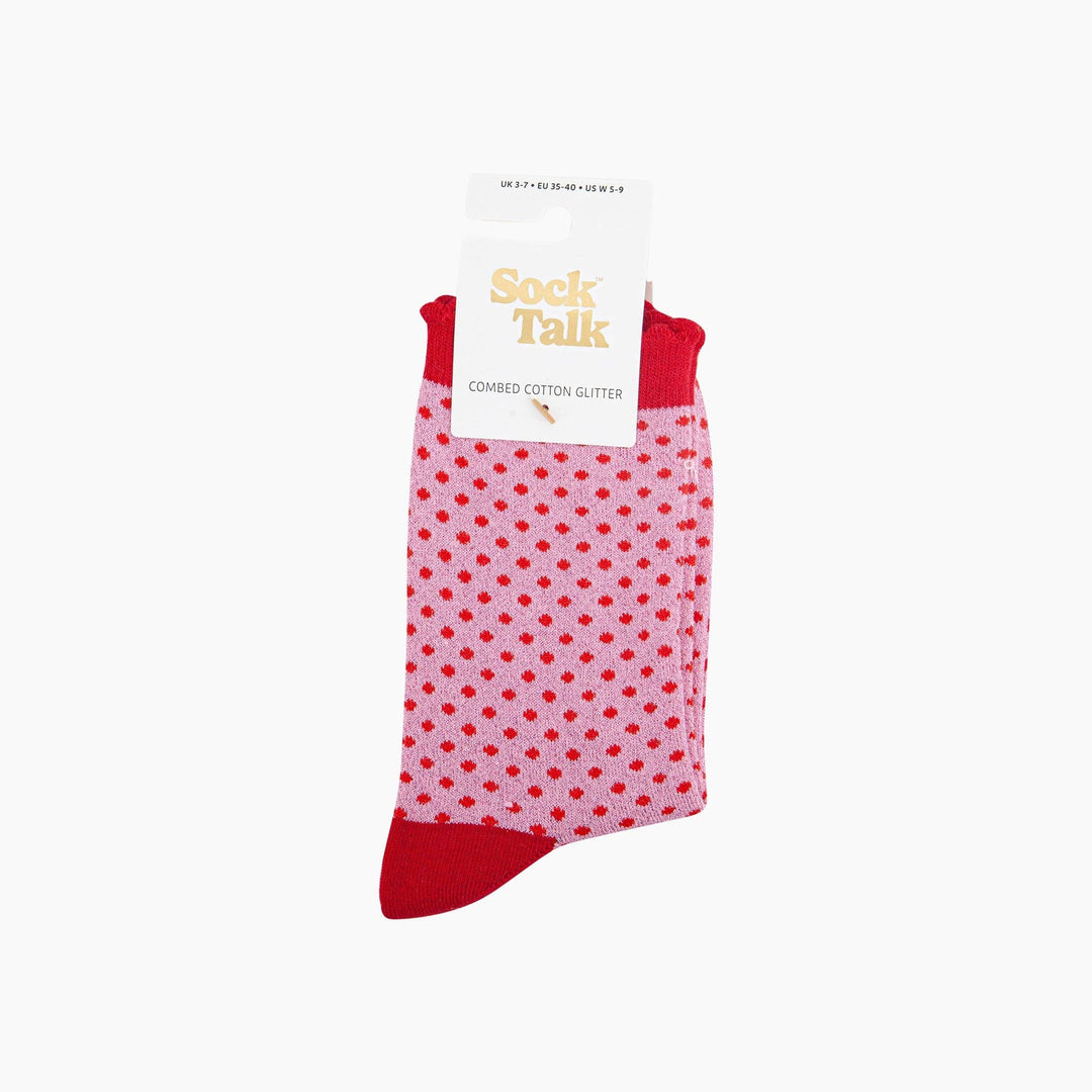 Sock Talk pink crew socks with red polka dots and red cuff, heel, and toe
