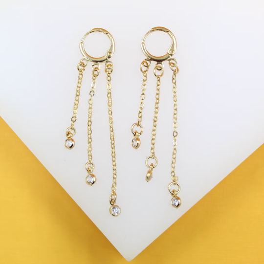 18K Gold Filled CZ Dangle Rolo Link Chain Earrings