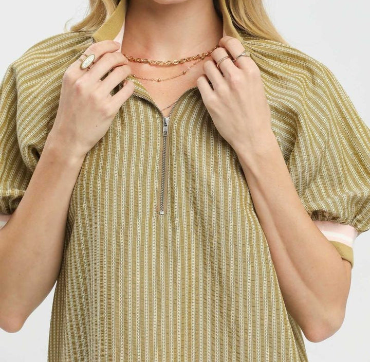 Band Puff Sleeve Half Zip Top