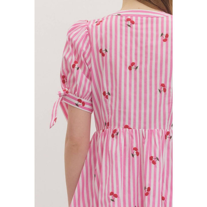 Striped Cherry Short Sleeve Mini Dress
