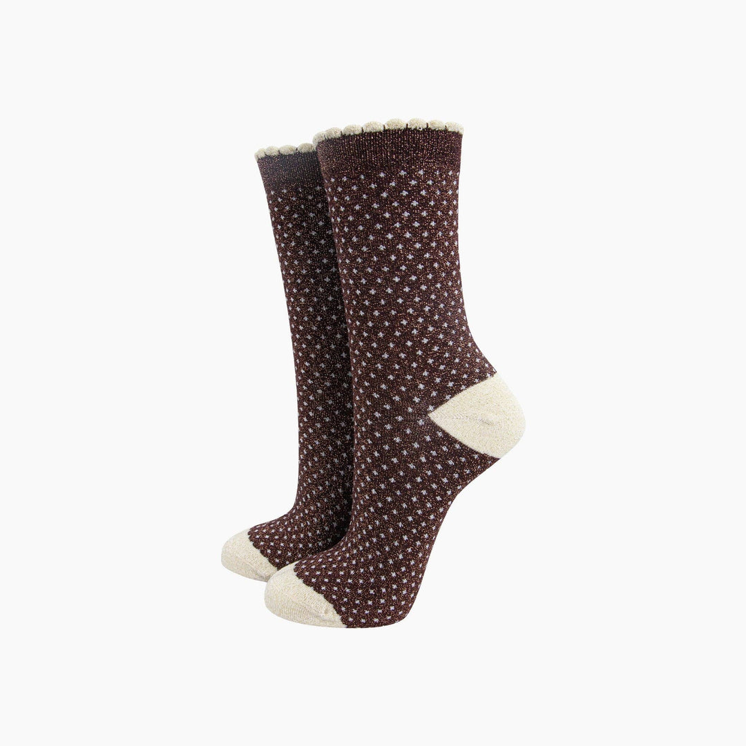 Chocolate brown glitter crew socks with white polka dots and cream toe, heel, and scalloped cuff