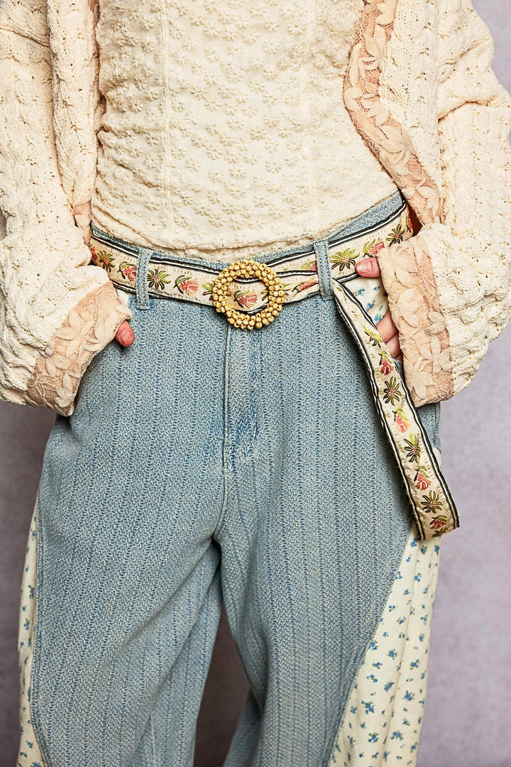 Beaded Cycle Striped Floral Pattern Belt