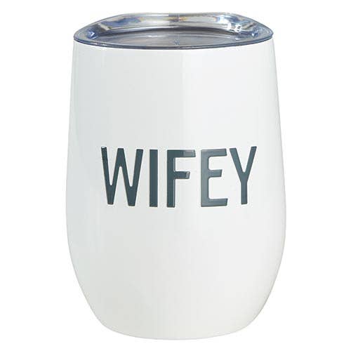 White insulated wine tumbler with clear lid featuring 'WIFEY' text in gray letters