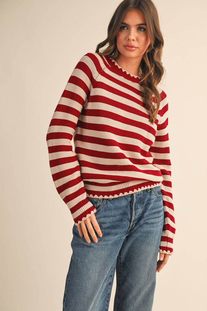 Striped Puff Sleeve Sweater w/ Contrast Stitch
