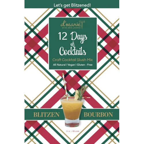 D'Marie Blitzen Bourbon craft cocktail slush mix in festive plaid holiday packaging