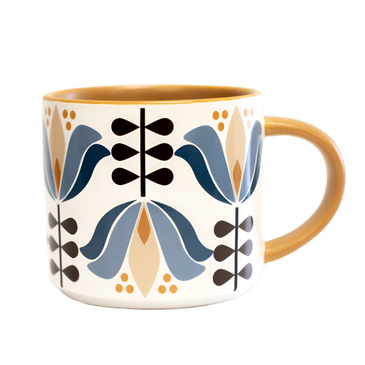 Stackable matte coffee mug with Scandinavian folk art floral pattern in blue and orange