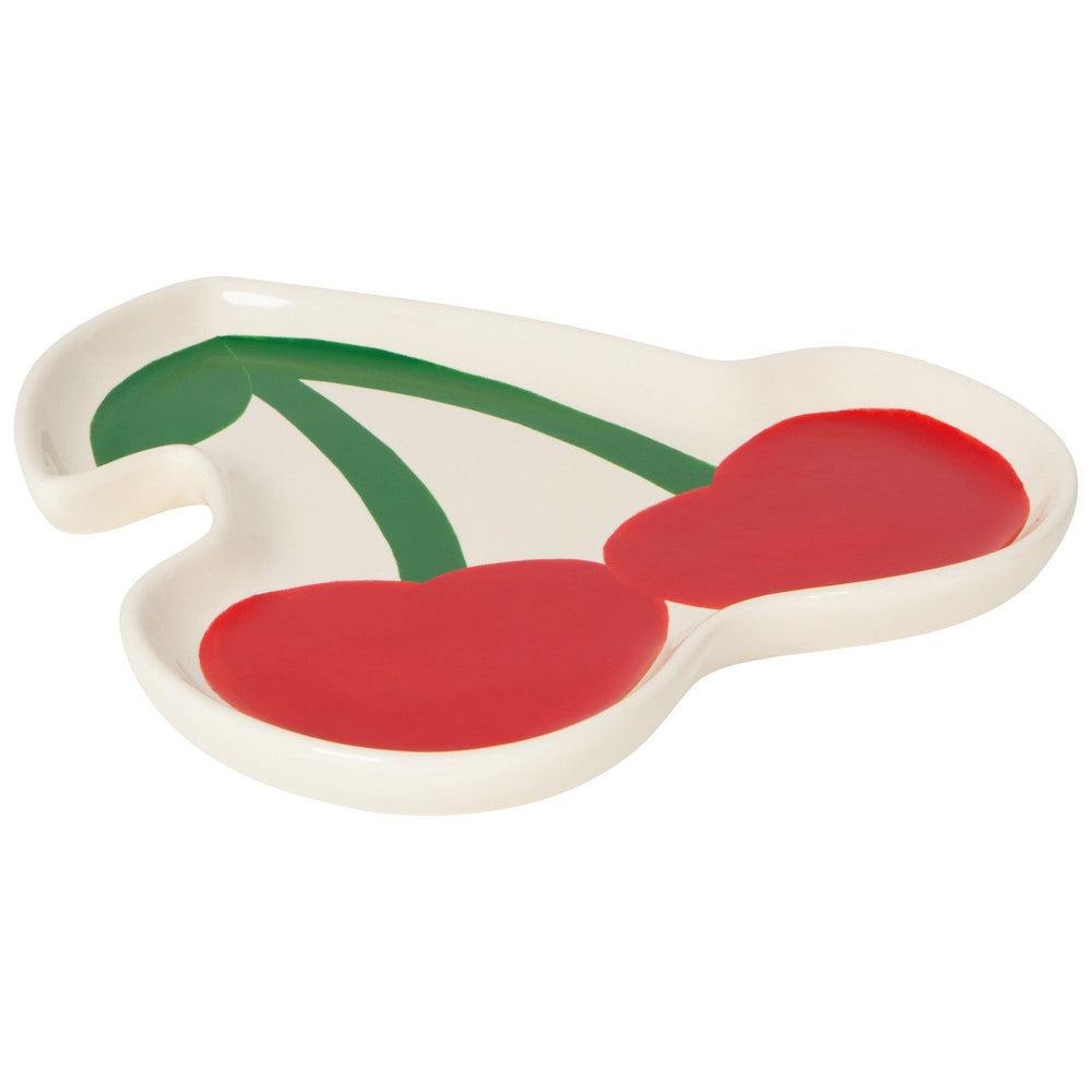 Cherry-shaped ceramic dish with red fruit design and green stem on white background