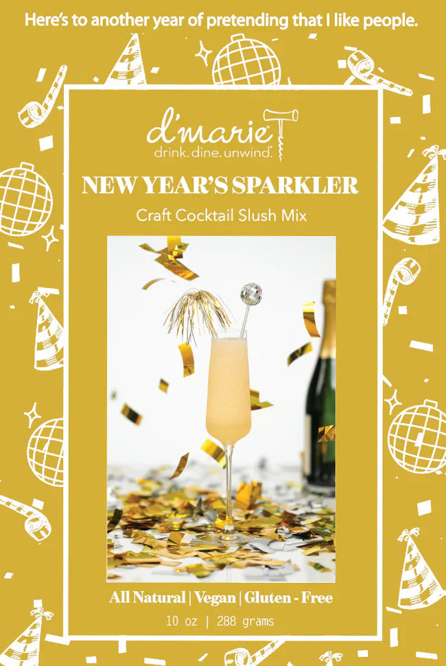 D'Marie New Year's Sparkler Craft Cocktail Slush Mix in gold festive packaging