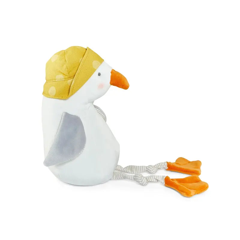 White plush goose toy wearing yellow construction hard hat with orange beak and feet