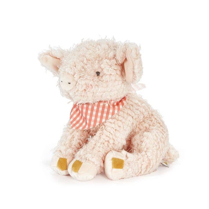 Soft pink plush pig stuffed animal wearing coral striped bandana with yellow feet