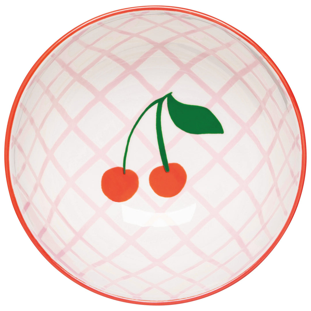 Danica Everyday Bowl with pink lattice pattern and red cherry design in center