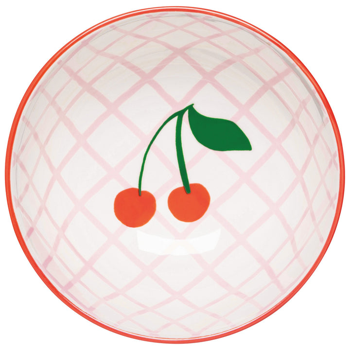 Danica Everyday Bowl with pink lattice pattern and red cherry design in center