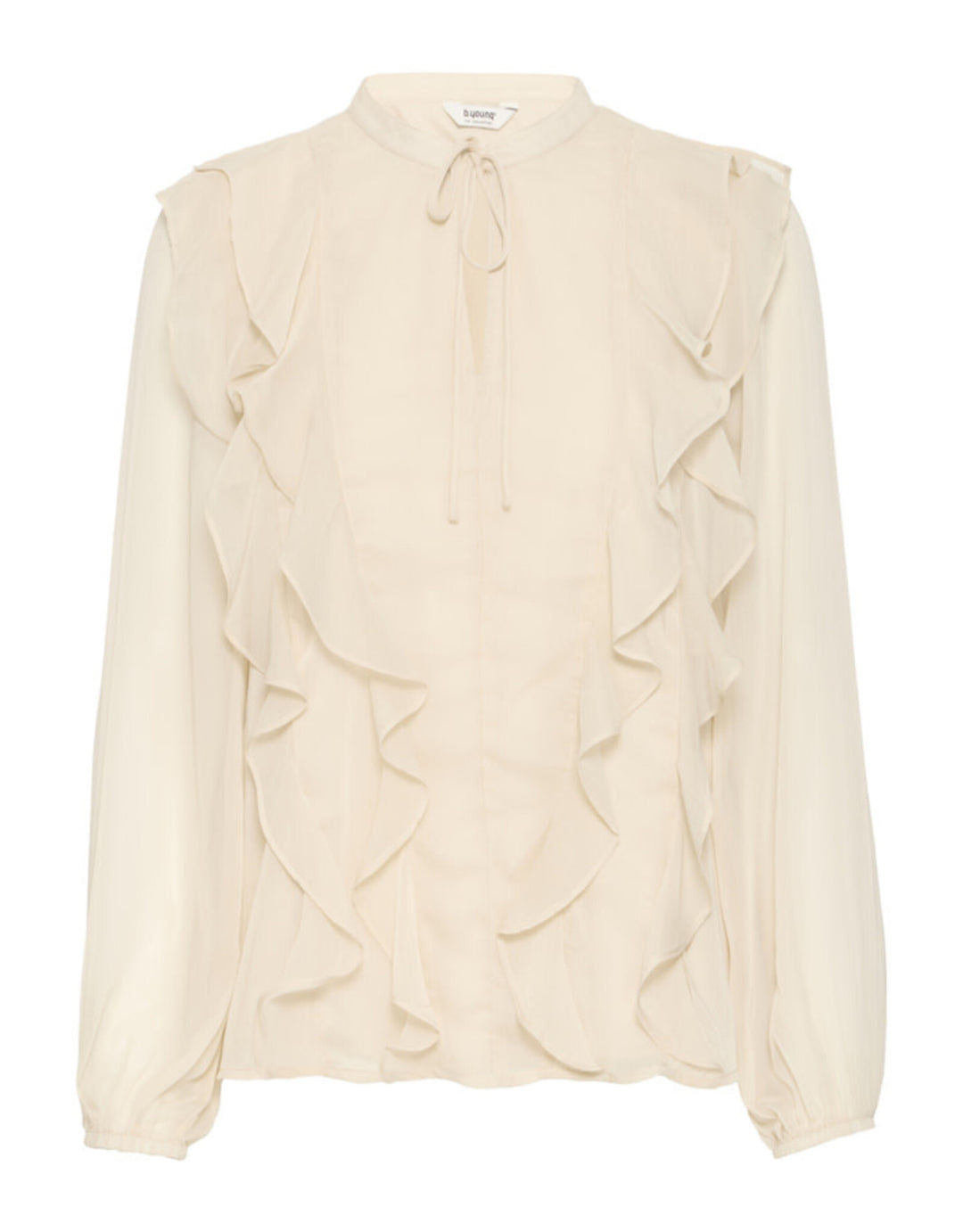 b.young Bygijo cream colored long sleeve blouse with ruffle details and button front