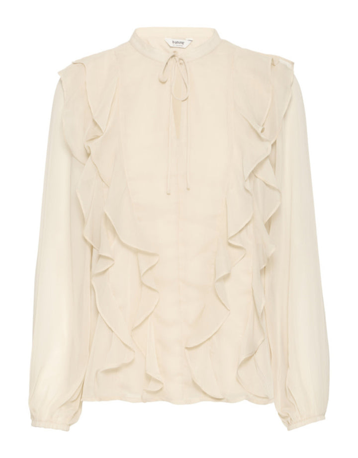 b.young Bygijo cream colored long sleeve blouse with ruffle details and button front