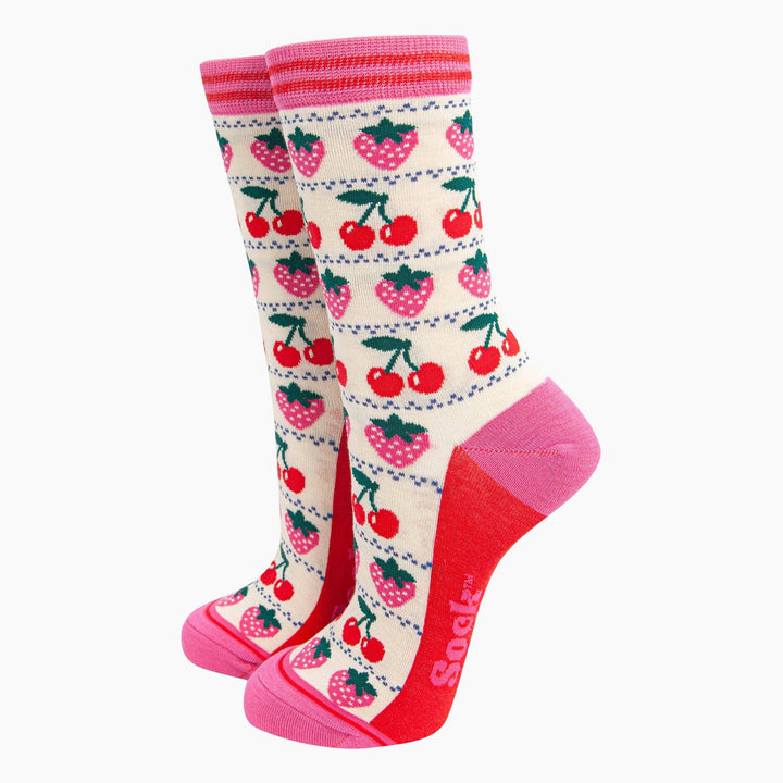 Strawberry Cherry Fair Isle Bamboo Socks in Cream