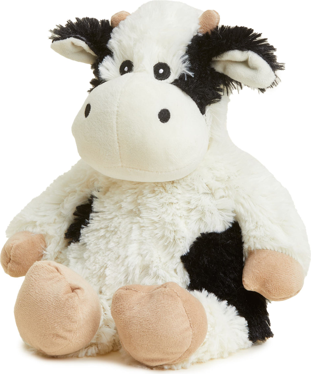 Warmies plush cow stuffed animal in black and white Holstein cow pattern