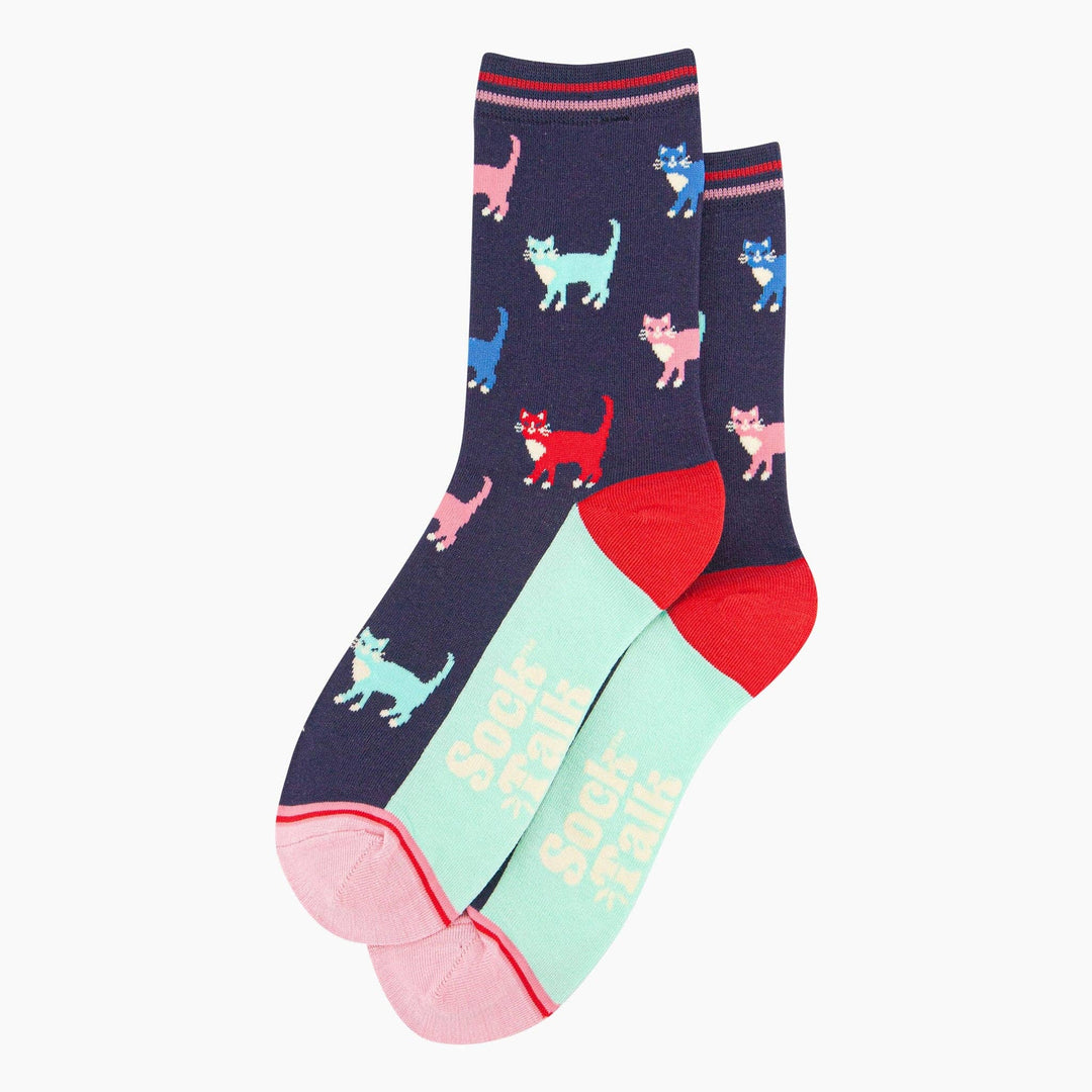 Navy crew socks with colorful cat pattern, red heel, mint sole, pink toe by Sock Talk