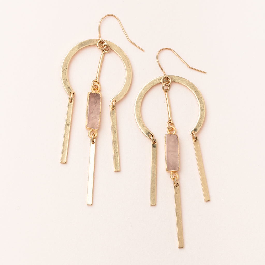 Scout Dream Stone Earrings with rose quartz stones and gold circular hoops with dangles