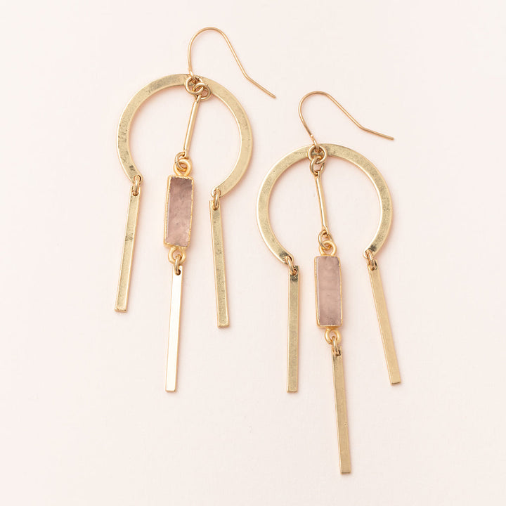 Scout Dream Stone Earrings with rose quartz stones and gold circular hoops with dangles