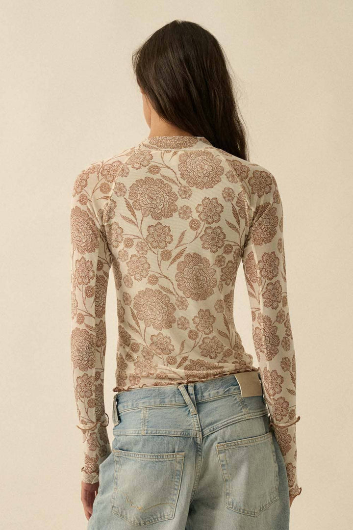 Floral Mesh Mock Neck Top