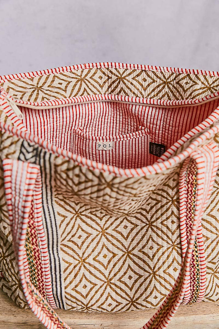 Striped Bias Tape Bohemian Quilted Beige Tote Bag