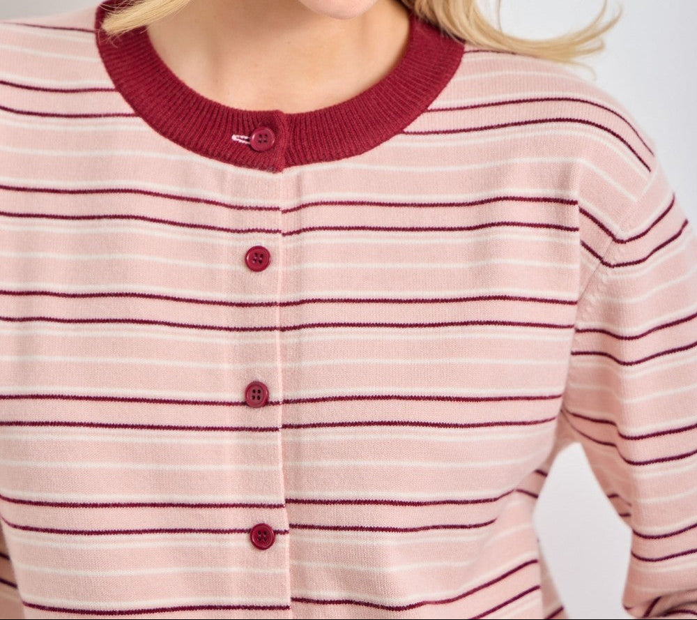 Striped Contrast Hem Button Up Cardigan