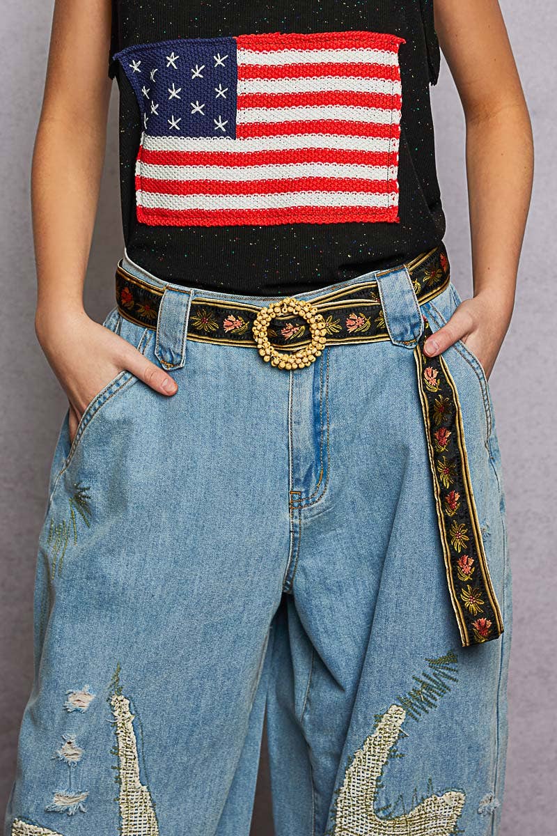 Beaded Cycle Striped Floral Pattern Belt
