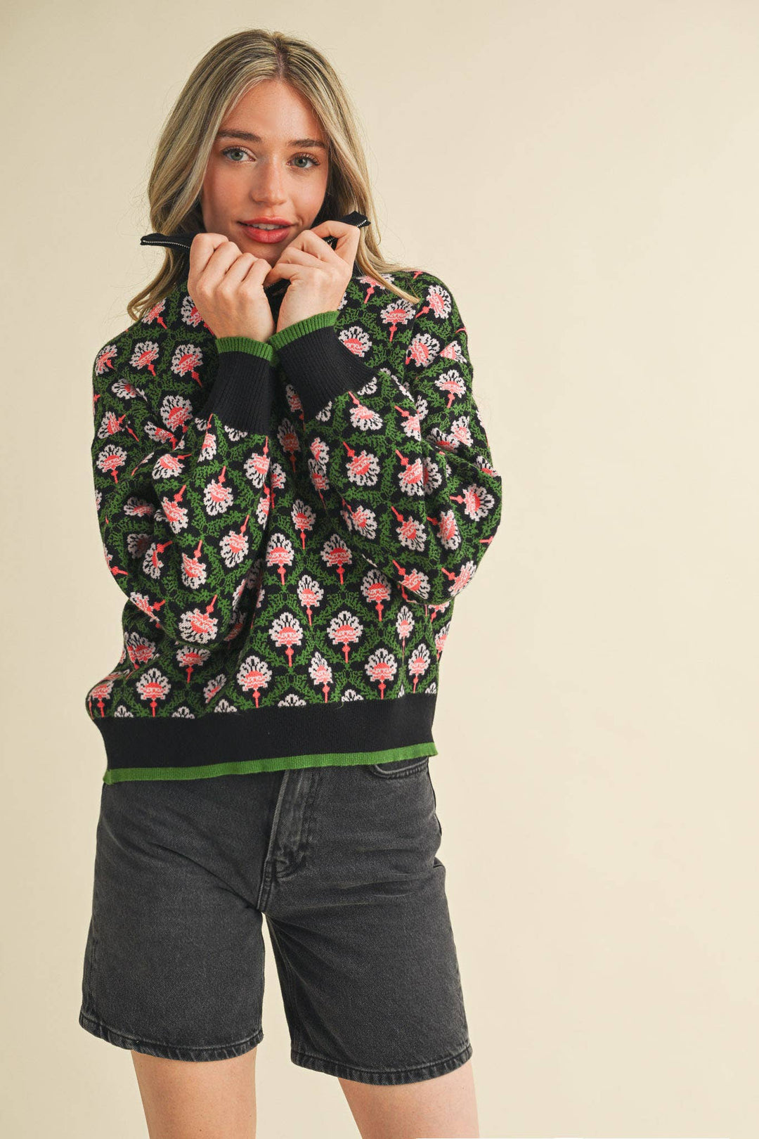 Floral Mock Neck ½ Pullover