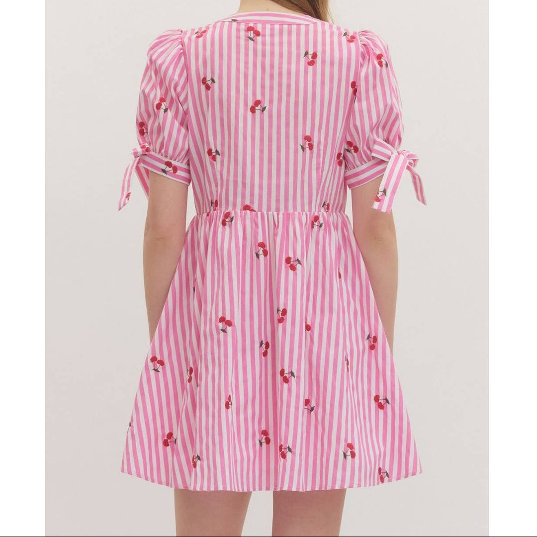 Striped Cherry Short Sleeve Mini Dress