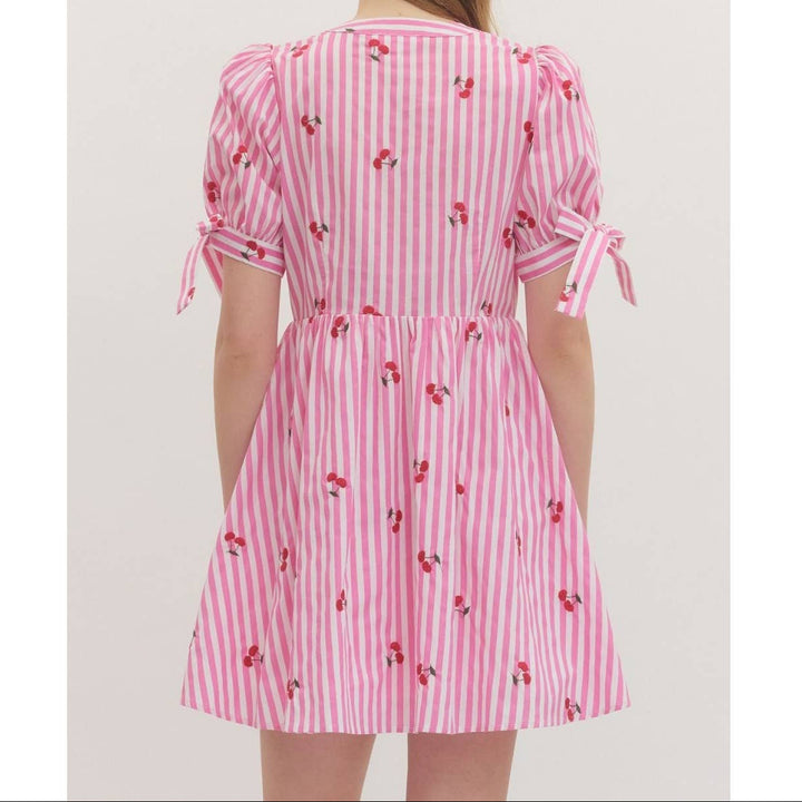 Striped Cherry Short Sleeve Mini Dress